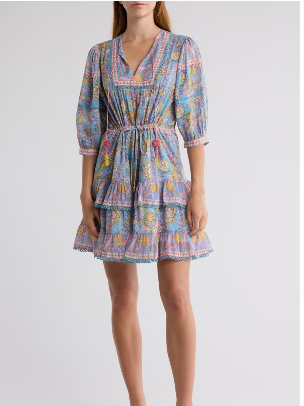 NWT Alicia Bell Kate Tiered Cotton and Silk Minidress Print Medium Dress